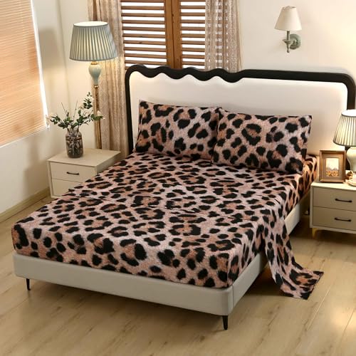 SDY 4PCS Cheetah Print Sheets Queen???Leopard Bed Sheets with Deep Pocket 1FittedSheet + 1FlatSheet + 2 Pillowcases,Soft Microfiber for Kids Boy Girls