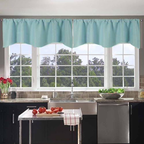 Ladity 2 Pieces Primitive Scalloped Blackout Kitchen Valances - Rod Pocket Window Curtains for Living Room, Bedroom - 52x18 Inch Length Sky Blue Farmhouse Style