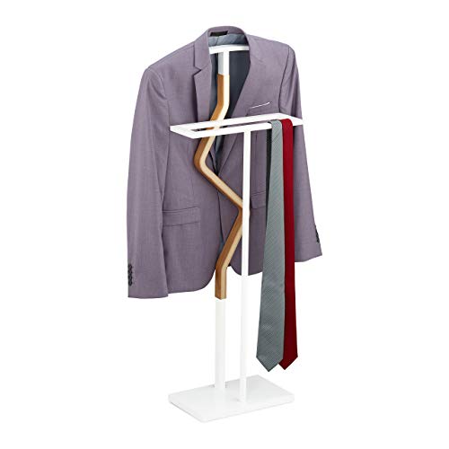 Relaxdays Valet Stand, Suit Holder, Clother Butler, Wardrobe Hanger, Wood, Metal, HxWxD 107x48x20 cm, White/Natural