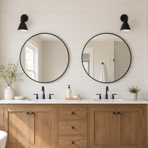 USHOWER 2-Pack Black Round Circle Bathroom Mirrors 24-inch for Wall Decor with Metal Frame, Bathroom Vanity Mirror, Entryway Mirror