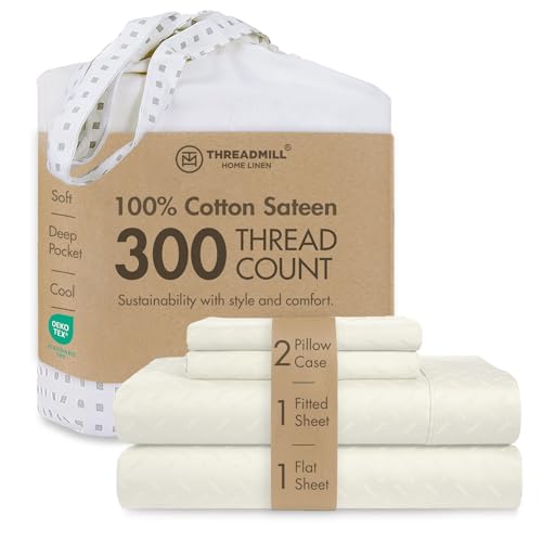 Threadmill Cotton Full Size Sheet Set - 100% Cotton Sheets for Full Size Bed - Damask Jacquard Full Bed Sheets Set with 16??? Deep Pocket - Soft Sateen Weave 4-Piece Cooling Bedding Set - Ivory