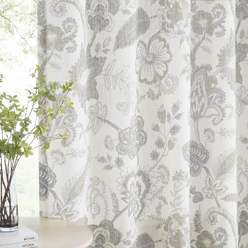 "Kayne Studio Floral Leaf Print Light Filtering Curtains Grey Linen Botanical Leaf Flower Farmhouse Drapes Semi Sheer Window Treatment Set for Living Room Bedroom Pinch Pleated BackTab,40""x84"",2 Panels"