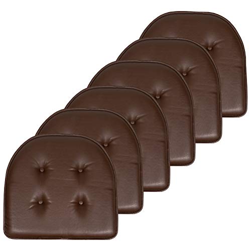 "Sweet Home Collection Chair Cushion Memory Foam Pads Tufted Slip Non Skid Rubber Back U-Shaped 17"" x 16"" Seat Cover, 6 Pack, Faux Leather Chocolate Brown"