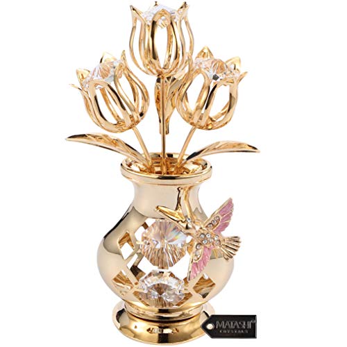 Matashi Beautifully Crafted Tulips In A Vase Table Top Ornament Dipped In 24k Gold Plating Made with Genuine Crystals (Hummingbird, Clear Crystal)
