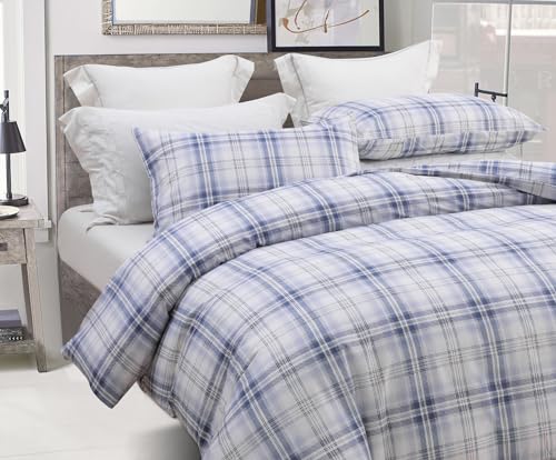 SLEEPBELLA Blue White Plaid Duvet Cover Set, 100% Cotton Bedding, Buffalo Grid Geometric Checker Pattern, with Button Closure (3pcs, King Size)