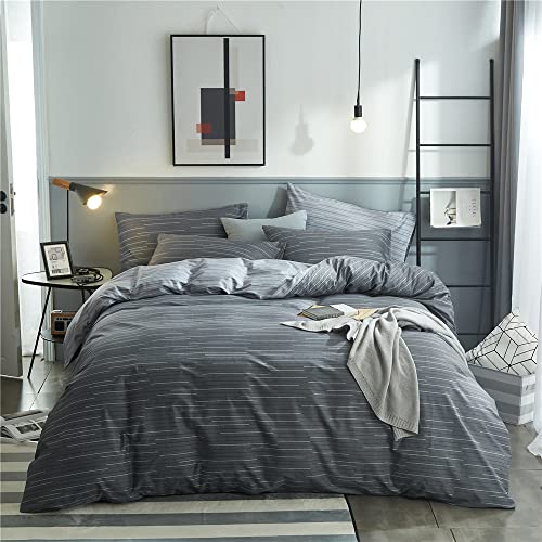 VM VOUGEMARKET Bedding Set Made from 100% Natural Cotton, Striped, Gray Stripe Pattern, Printed, Duvet Cover for Boys and Men, Reversible, Modern, Simple Style