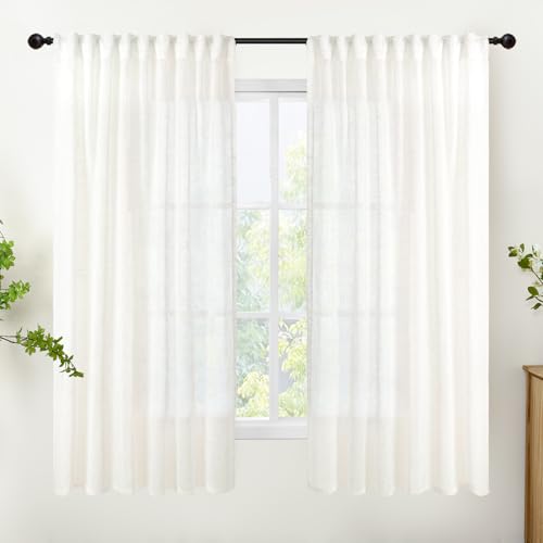 YoungsTex Ivory White Linen Semi Sheer Curtains 68 Inch Length for Living Room - Light Filtering Drapes Textured with Rod Pocket Back Tab for Country Bedroom, 2 Panels, 52 X 68 Inch