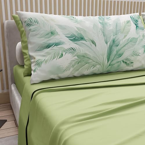 PETTI Artigiani Italiani - Double Bed Sheets Cotton with Pillowcases in Digital Print, Double Bed Sheet with Palm Sage Design, 100% Made in Italy