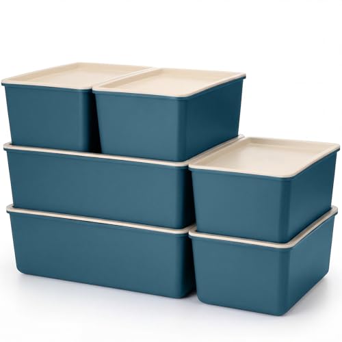 Menkxi 6 Pcs Large and Small Plastic Storage Bins with Lids 14.4 x 10.4 x 5.1 Inch Stackable Storage Containers Decorative Cubby Organizer for Clothes Shelves Garage Closet Office (Blue)