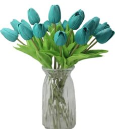 ALIERSA 10-Heads Home Decoration Mini Tulip Real Touch Tulip Artificial Flowers Bouquets (Dark Teal)