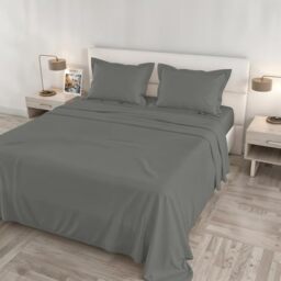 Satin Cloe Maxi Bed Set, 100% Cotton, Made in Italy – Sheet Set, 2 Pillowcases with Frill, Top Sheet 260 x 300 cm, Bottom Sheet 180 x 200 cm – Dark Grey