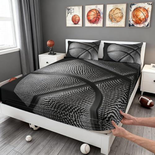 Black Basketball Pattern Bedding Sheets for Full 3D Sports Collections Kids Fitted Sheets for Boys Girls Ultra Soft Deep Pocket 3 Pieces Duvet Sheets (1 Fitted Sheets 2 Pillow Cases)