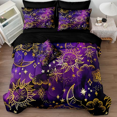 Merryword 8 Pieces Universe Bed in a Bag Sun and Moon Comforter Set Queen Size Galaxy Bedding Purple Gold Moon Star Pattern Bohemian Gothic Comforter Set for Boys Girls Women