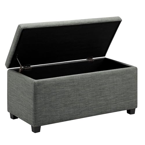 Amazon Basics Rectangular Padded Upholstered Entryway Bench with Storage, Bedroom, Hallway, Ottoman, Linen Look, Dark Grey, 42 x 91 x 43 cm