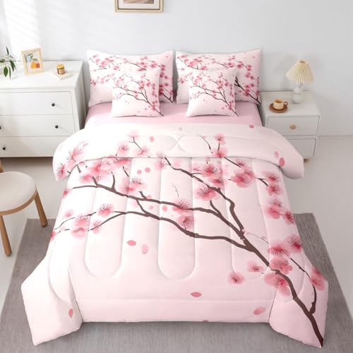 Erosebridal Cherry Blossoms Queen Size Comforter Set, Girl Pink Floral 7-Piece Bed in A Bag, Japanese Spring Sheets and Pillowcases, Pale Pink Petal Branch Bedding Set Room Decor