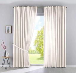 Gardinenbox Set of 2 Cationic JENA curtains, concealed loops, 250 x 300 cm, cream opaque, linen look, curtains, mottled curtain band with tiebacks, 2019037-2