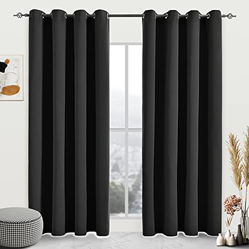 JSFLY Blackout Curtains for Bedroom 2 Panels 52 W x 72 L inch Long Black - Thermal Insulated Light Blocking Room Darkening Curtains Solid Grommet Window Drapes for Living room