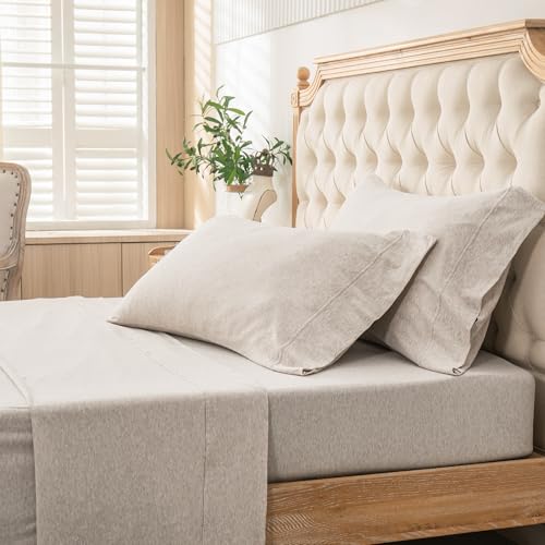 PURE ERA Jersey Knit Flat Top Sheet Only Bedding 100% T-Shirt Heather Cotton Super Soft Comfy Breathable (1-Pack, Twin, Beige)