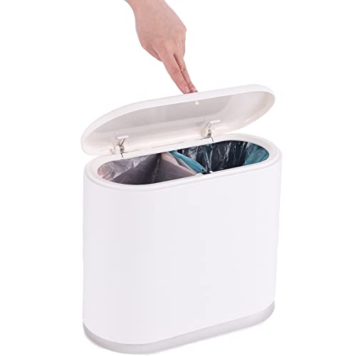 SuoXing Rectangular Plastic Trash Can 2.11 Gallon Garbage Can with Press Top Lid,8 L Wastebasket Trash Can,Removable Liner Bucket,Modern Dispenser for Bathroom,Living Room,Bedroom,White