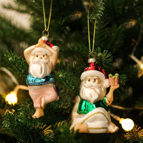 Amanman Glass Christmas Ornaments 2024, 2pcs Hand-painted Blown Glass Yoga Santa Ornaments for Christmas Tree, Cute Yoga Christmas Ornament