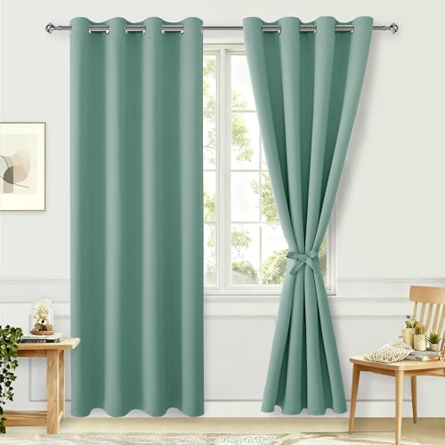 Hiasan Blackout Curtains for Bedroom, 52 x 84 Inches Long - Thermal Insulated & Light Blocking Window Curtains for Living Room, 2 Drape Panels Sewn with Tiebacks, Sage Green