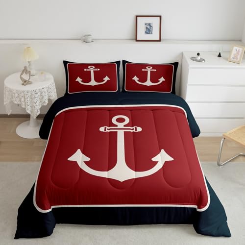 Feelyou Anchor Decor Comforter Set King Size Nautical Themed Bedding Set for Boys Girls Teens Ocean Comforter Sea Adventure Duvet Set Dull Red Quilt Set