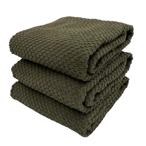 "Olive Green Kitchen Hand Dish Towels: Oversized 28"" x 18"",100% Cotton Cloth Soft Cleaning Drying Absorbent Ribbed Design, Set of 3 Multipurpose for Everyday Use (Olive Textured)"