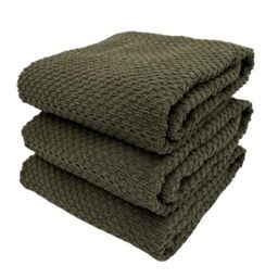 "Olive Green Kitchen Hand Dish Towels: Oversized 28"" x 18"",100% Cotton Cloth Soft Cleaning Drying Absorbent Ribbed Design, Set of 3 Multipurpose for Everyday Use (Olive Textured)"