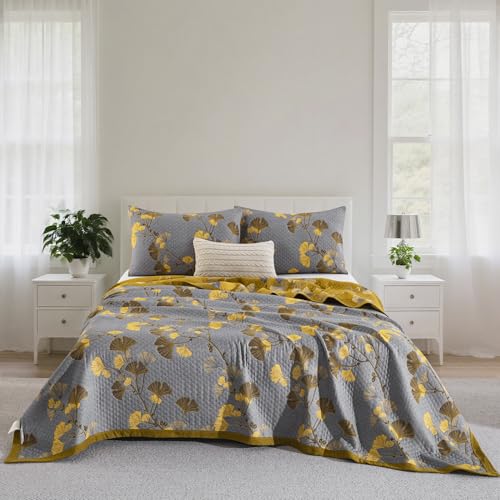 Purefair 100% Cotton Muslin Jacquard 3 Piece Quilt Set Floral Ginkgo Leaf Print, Soft 3 Layers Gauze Bed Cover Reversible Bedspread Coverlet Breathable Lightweight Bedding Set, Queen