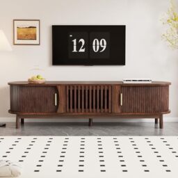 Ball & Cast TV Stand with 2 Sliding Doors, 1Pull-down door, Oval TV Cabinet Storage Sideboard with Rounded Corners, TV Entertainment center for living room bedroom,165 x 39,5 x 46 cm, for 65 inch TV