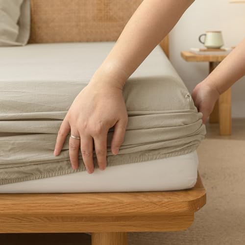 BESTOUCH Queen Fitted Bottom Sheet???Breathable 100% Washed Cotton Linen-Like - 16-19 Inch Deep Pocket Fits Mattress - Fade Resistant Soft Comfy Durable Easy Care