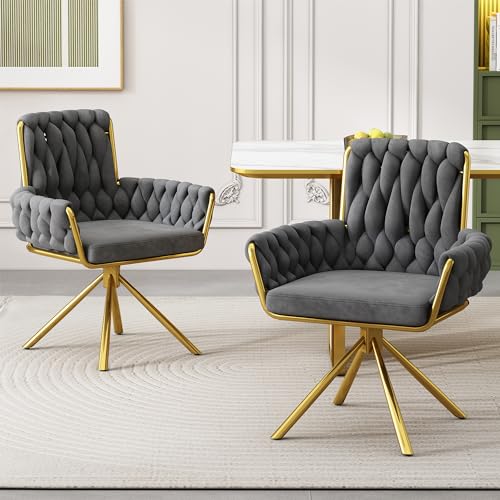 Merax Dining Chairs Set of 2, Modern Upholstered Seat for Kitchen, Living Room, or Bedroom, Luxurious Leisure Swivel Armchair with Sturdy Metal Legs and Soft Velvet Upholstery, Grey