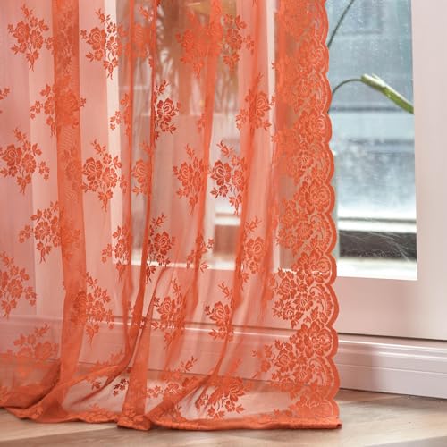 Kotile Burnt Orange Sheer Curtains 54 Inches Long, Rod Pocket Farmhouse Floral Fall Sheer Curtains, Set of 2, 52x54 Inch, Orange