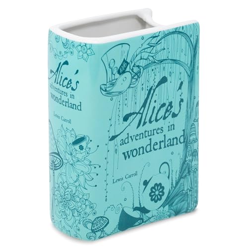 Steel Mill & Co Original Book-Shaped Decorative Vase, Ceramic, Cute Bookshelf Decor, Unique Vase for Book Lovers (Small - Alice's Adventures in Wonderland, Blue)