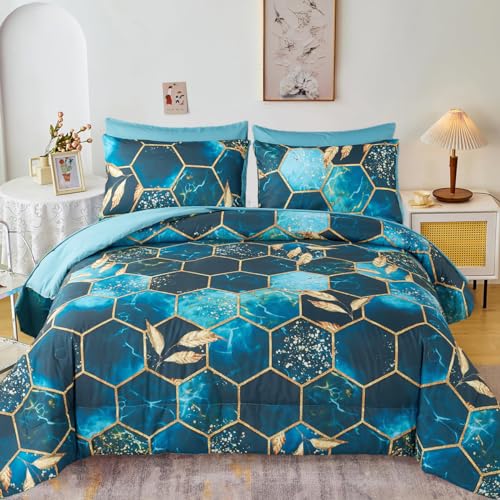 ZRNBAST Honeycomb Comforter Set - 7 Piece Hexagon Bedding Set - Full Size - Teal Gold - All Season - Down Alternative - for Teens & Adults