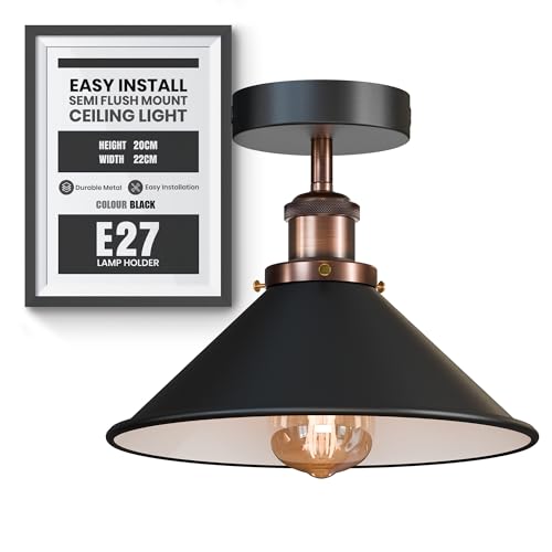 LEDSone Industrial Semi Flush Mount Ceiling Light Metal E27 Base 22cm Black Inner White Cone Lampshade Indoor Lighting Fixture for Bedroom Living Room Hallway Kitchen Without Bulb