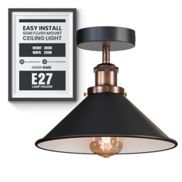 Black, White inner Semi Flush Ceiling Light 22cm Metal Cone Shade Hardwired