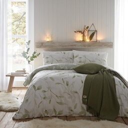 Drift Home - Eco Green Plants Duvet Cover - Single Bedding Size (140 x 200cm) - Very Soft Brushed Cotton - Sustainable Recycled Cotton - 1 Pillowcase - Green Floral Duvet Cover - White Bedding