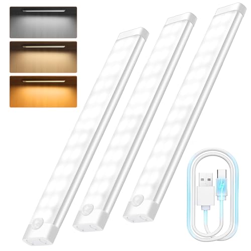 Woobroo Motion Sensor Lights - 30cm Under Cabinet Kitchen Lights, 3 Color Rechargeable Night Light, Auto On/Off Dimming Wardrobe Lights for Stairs, Under Cabinet, Closet, Room, Wardrobe, 3 Pack