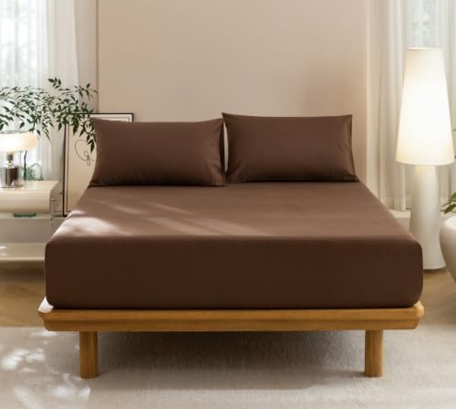 "JIYUAN 100% Washed Cotton 3 Pieces King Fitted Sheet Set,Linen Like Cozy Soft & Breathable, Deep Pocket Fitted Sheet (Fits Mattress up to 17"") + 2 Pilowcases, Chocolate Brown"