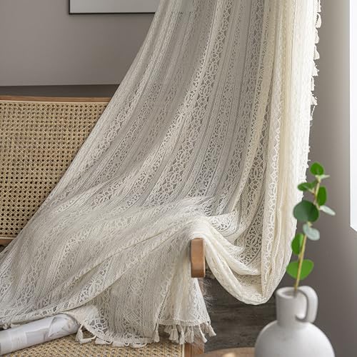WAZZIO Beige Boho Lace Sheer Curtains 45 Inch Length 2 Panel,Rod Pocket Farmhouse Light Filtering Sheer Curtain Tassel Bohemian Short Curtains for Bedroom Living Room - Cream