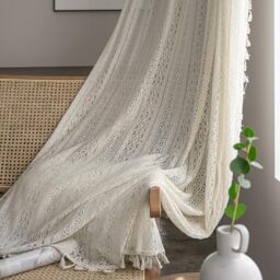 WAZZIO Beige Boho Lace Sheer Curtains 45 Inch Length 2 Panel,Rod Pocket Farmhouse Light Filtering Sheer Curtain Tassel Bohemian Short Curtains for Bedroom Living Room - Cream