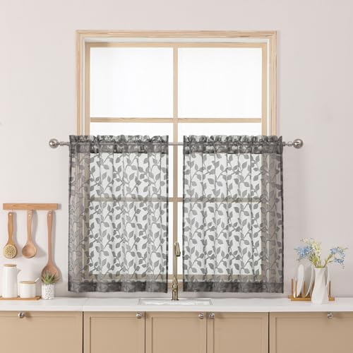 "Chyhomenyc Charcoal Grey Sheer Curtains 30 Inch Length, Light Filtering Leaf Tufted Textured Small Kitchen Curtain Over Sink, Short Half Window Curtains for Bathroom Basement, 30"" Wx30 L, 2 Panels"