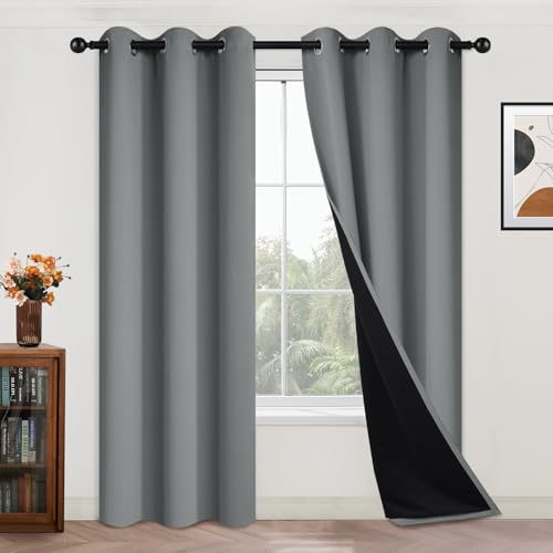 "Yakamok Dove Grey 100% Blackout Curtains 84 Inches Long 42"" Wide 2 Panel - Blackout Curtain Panels for Bedroom, 2 Thick Layers Grommet Top Thermal Insulated Drapes with Black Liner for Living Room"
