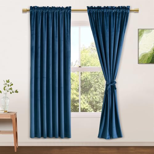 JIUZHEN Navy Velvet Curtains 63 inches for Living Room - Soft Retro Blackout Velvet Drapes Rod Pocket Room Darkening Thermal Insulated for Bedroom/Gallery, 52W x 63L, 2 Panels