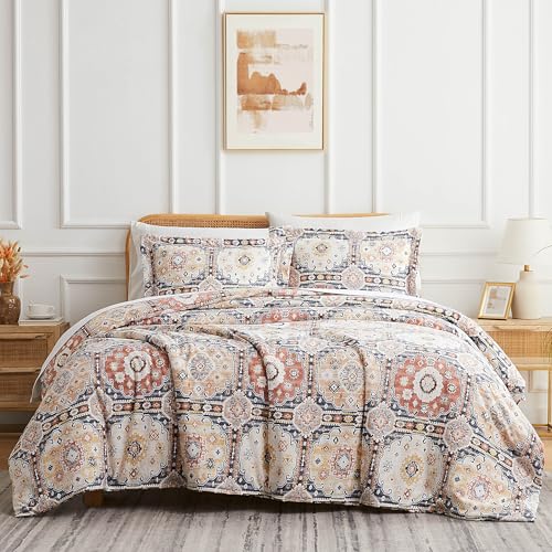 Southshore Fine Living, Inc. Oversized California King Duvet Cover - Bohemian Cal King Duvet Cover Set - Beige Terracotta Medallion Pattern, Boho Theme, Wrinkle Resistant Microfiber - Kilim Natural