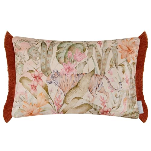 Voyage Maison Tropical Utopia Lotus Feather Filled Cushion – Jungle Watercolour Printed Velvet Exotic Wildlife Fringed Trim Decor (Multicolour - 40x60cm)