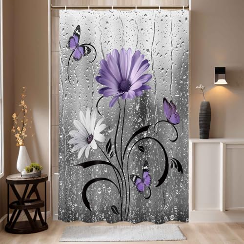 Uokiuki Rustic Purple Floral Boho Shower Curtain, Country Farmhouse Daisy Flowers and Butterfly Shower Curtain for Bathroom, Grey Gray Violet Surreal Floral Bathroom Curtain with 12PCS Hooks, 47X64IN
