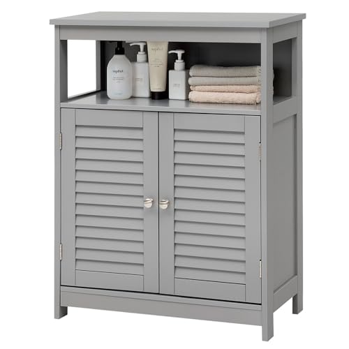 CASART Bathroom Floor Cabinet, Floor Standing Storage Cupboard with 2 Shutter Door, Wooden Side Cabinet Storage Organizer for Bathroom, Bedroom & Living Room (Grey)
