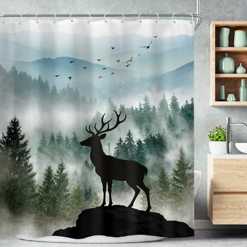 "Green Mountain Deer Misty Nature Woodland Bathroom Shower Curtain Set - 72""W x 72""L shower curtain??? Tree Scenery: HD waterproof print, quick-dry cloth, free hooks for easy installation."